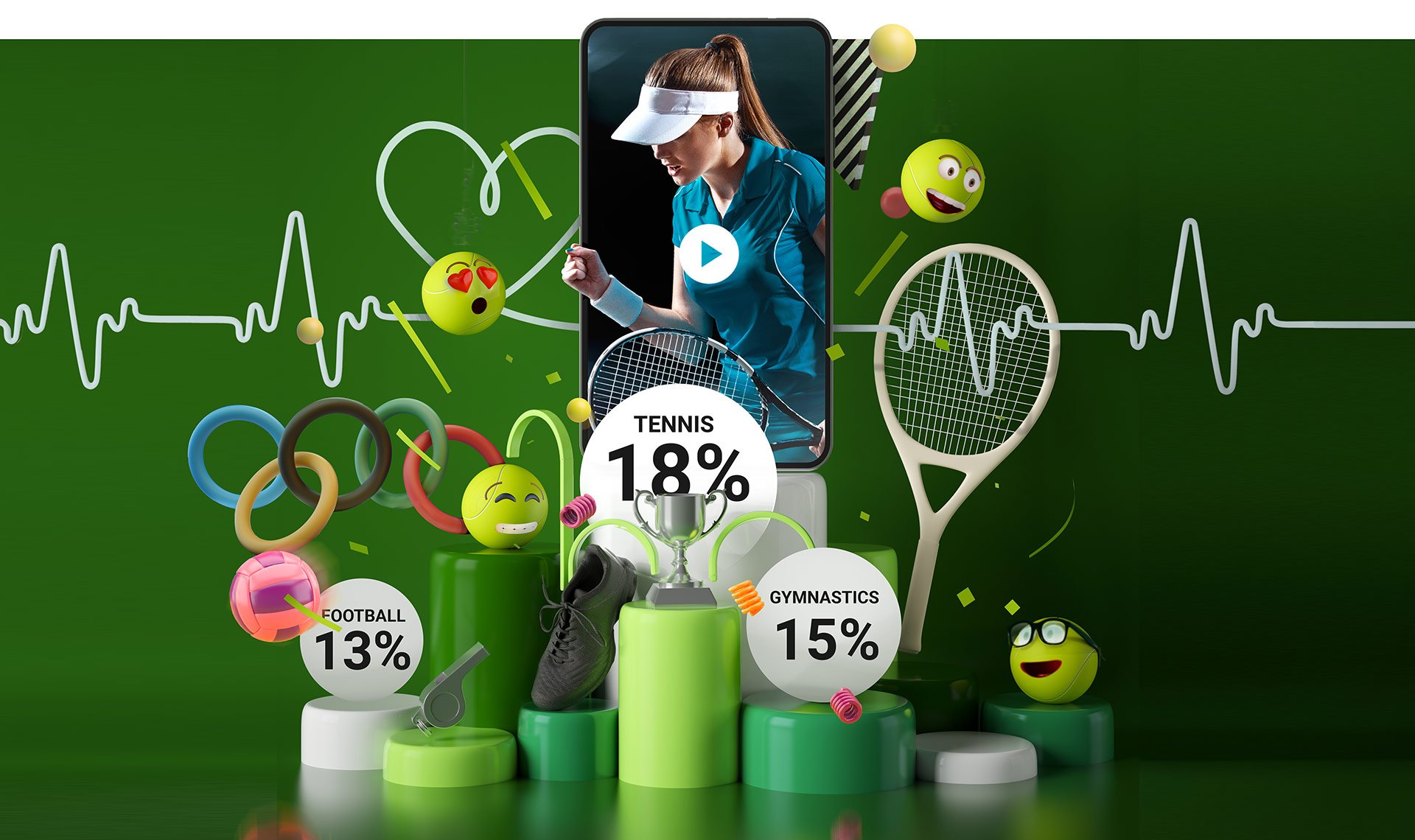 Illustration fo a podium surrounded by happy emoticons with Tennis awarded as the winner