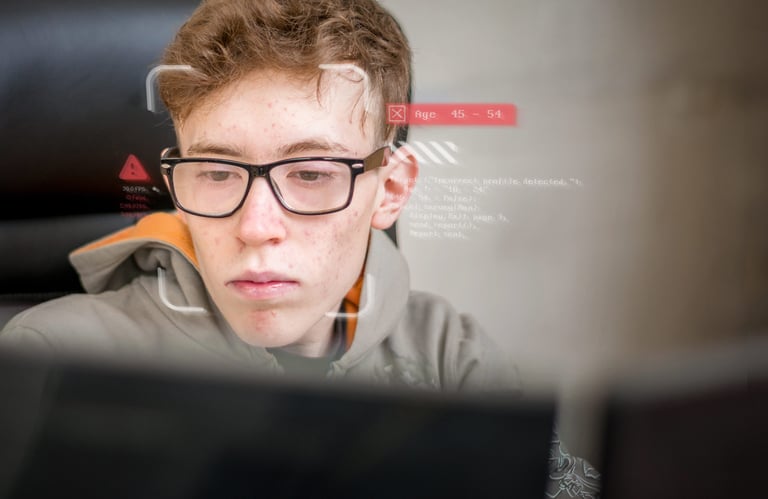 Young man working several computers