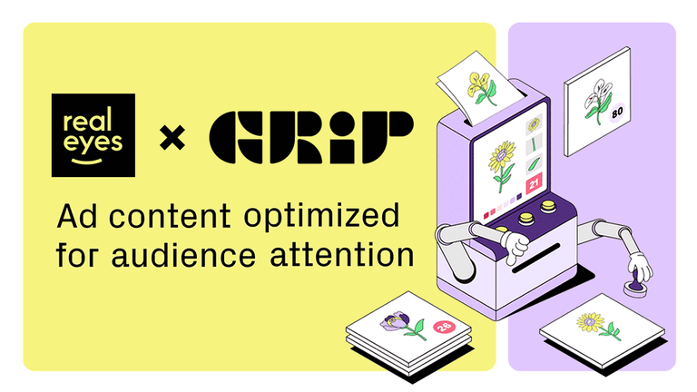 Realeyes x Grip logos next to an animated robotic computer qualifying creative