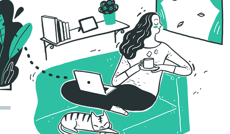 Woman looking out of the window instead of watching a video on her laptop