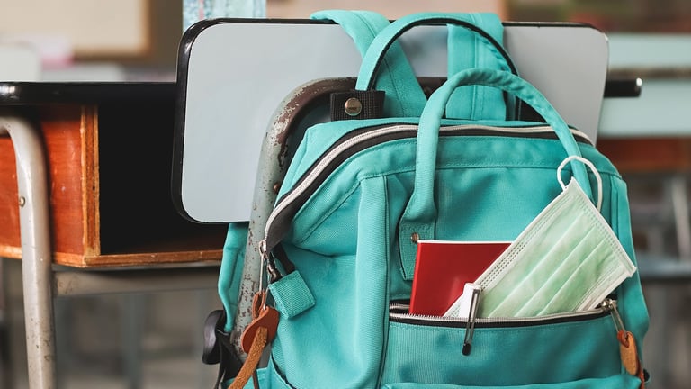 School bag with a Covid-19 mask